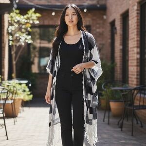 Lavish Black and White Striped Kimono with Fringe